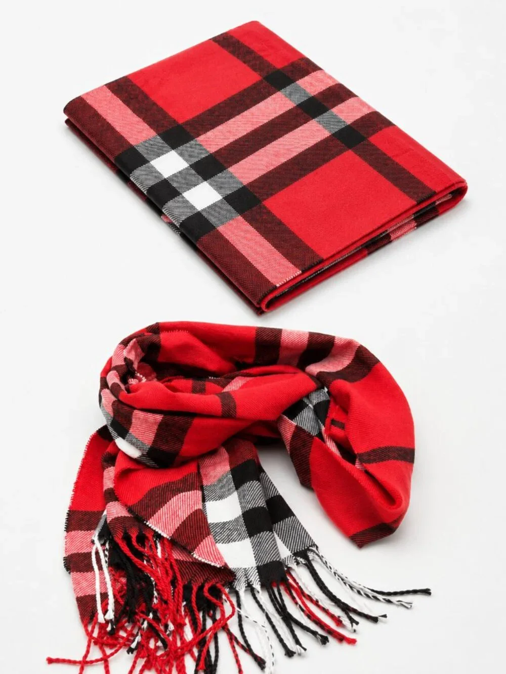 Plaid Cashmere Scarf - Red, charcoal, black, white